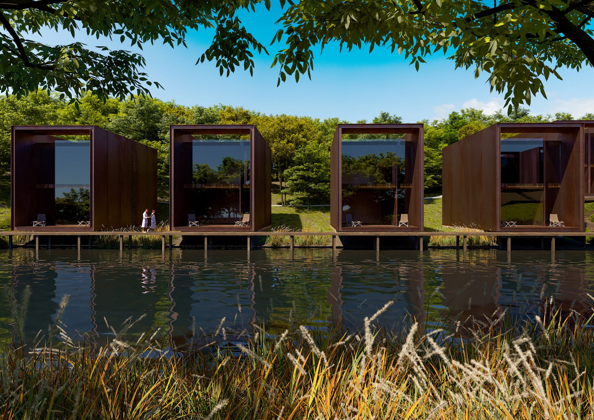 Aione Resort, lodges su lago con passerella in legno