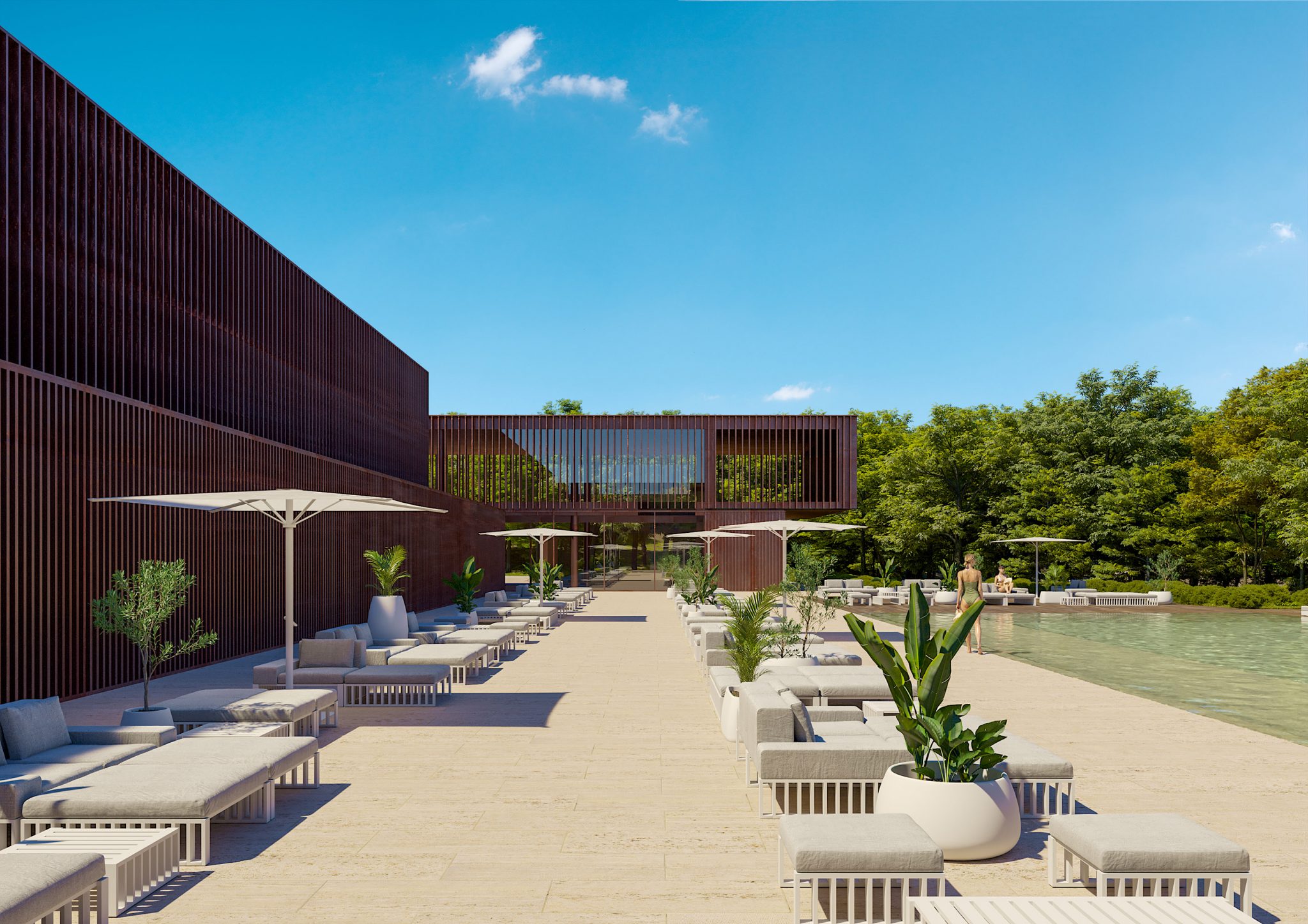 Aione Resort, edificio servizi, vista su piscina e divanetti
