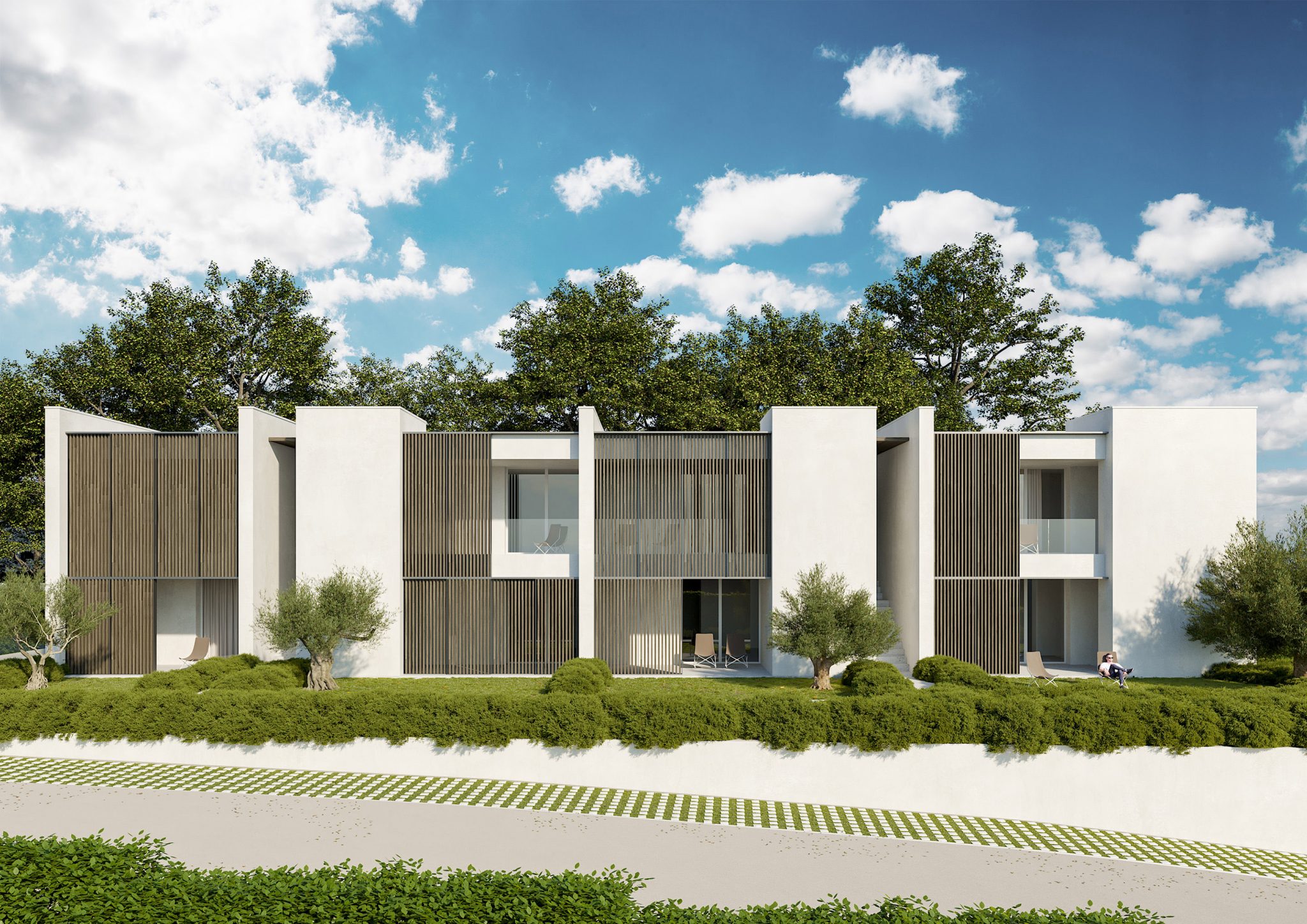 Apartments T, vista frontale diurna blocco vendita con frangisole in legno e metallo, pareti bianche intonacate
