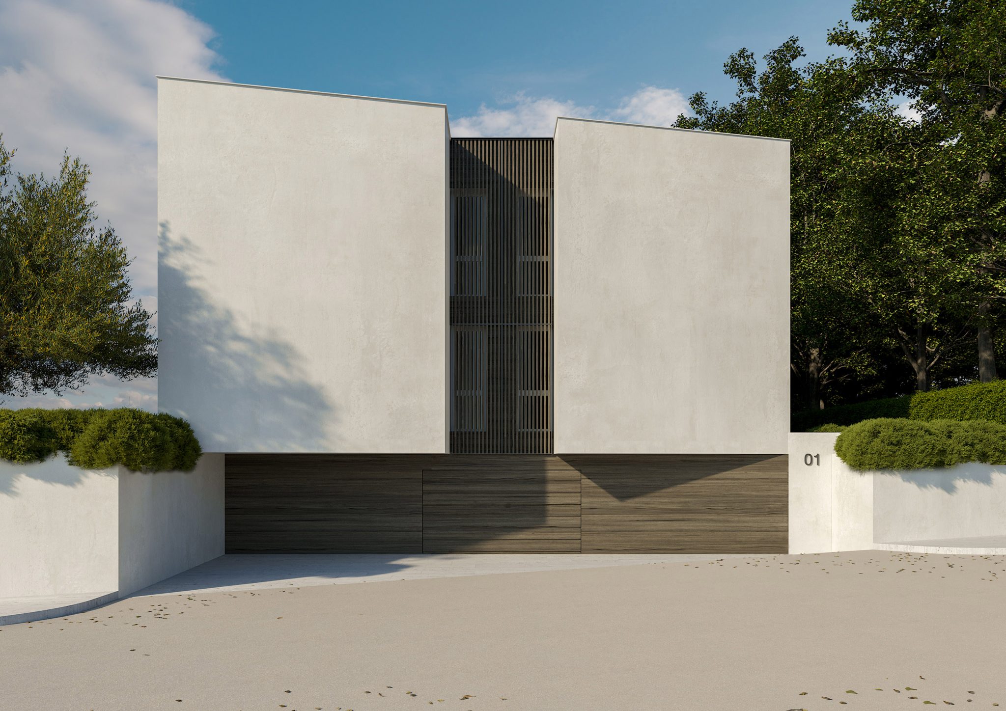 Apartments T, vista laterale con ingresso ai garage