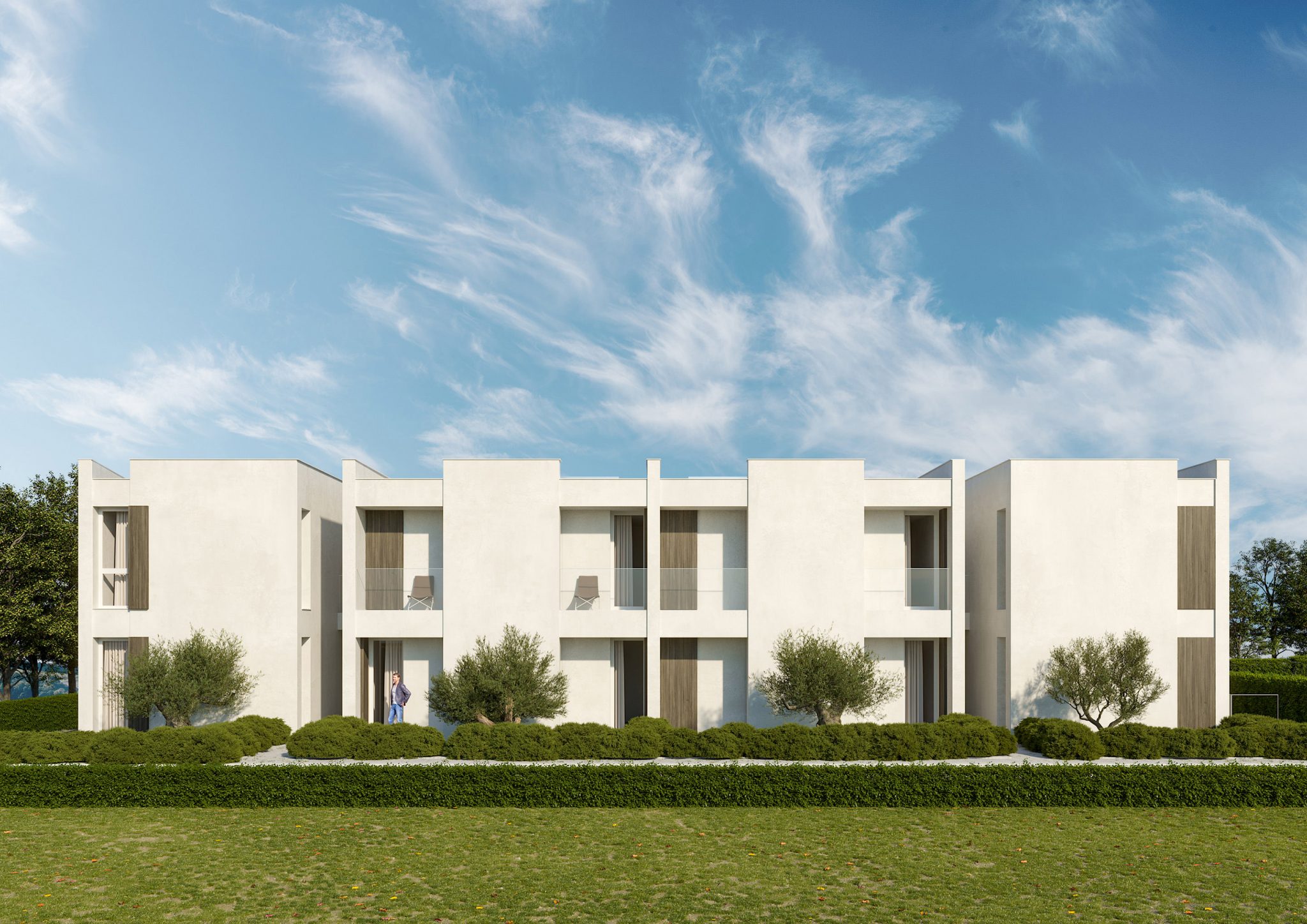 Apartments T, vista posteriore blocco vendita con scuri in rovere