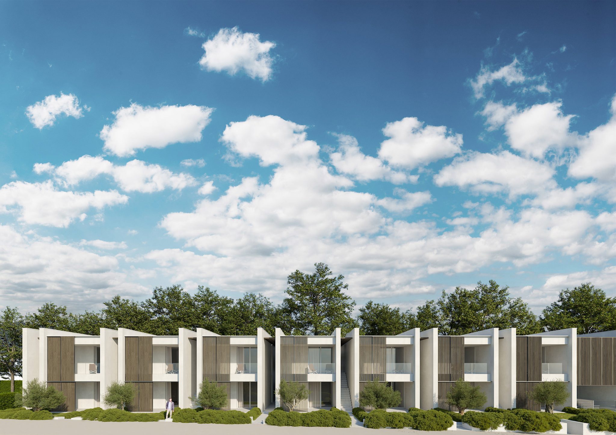 Apartments T, vista blocco affitti con frnagisole in metallo e rovere