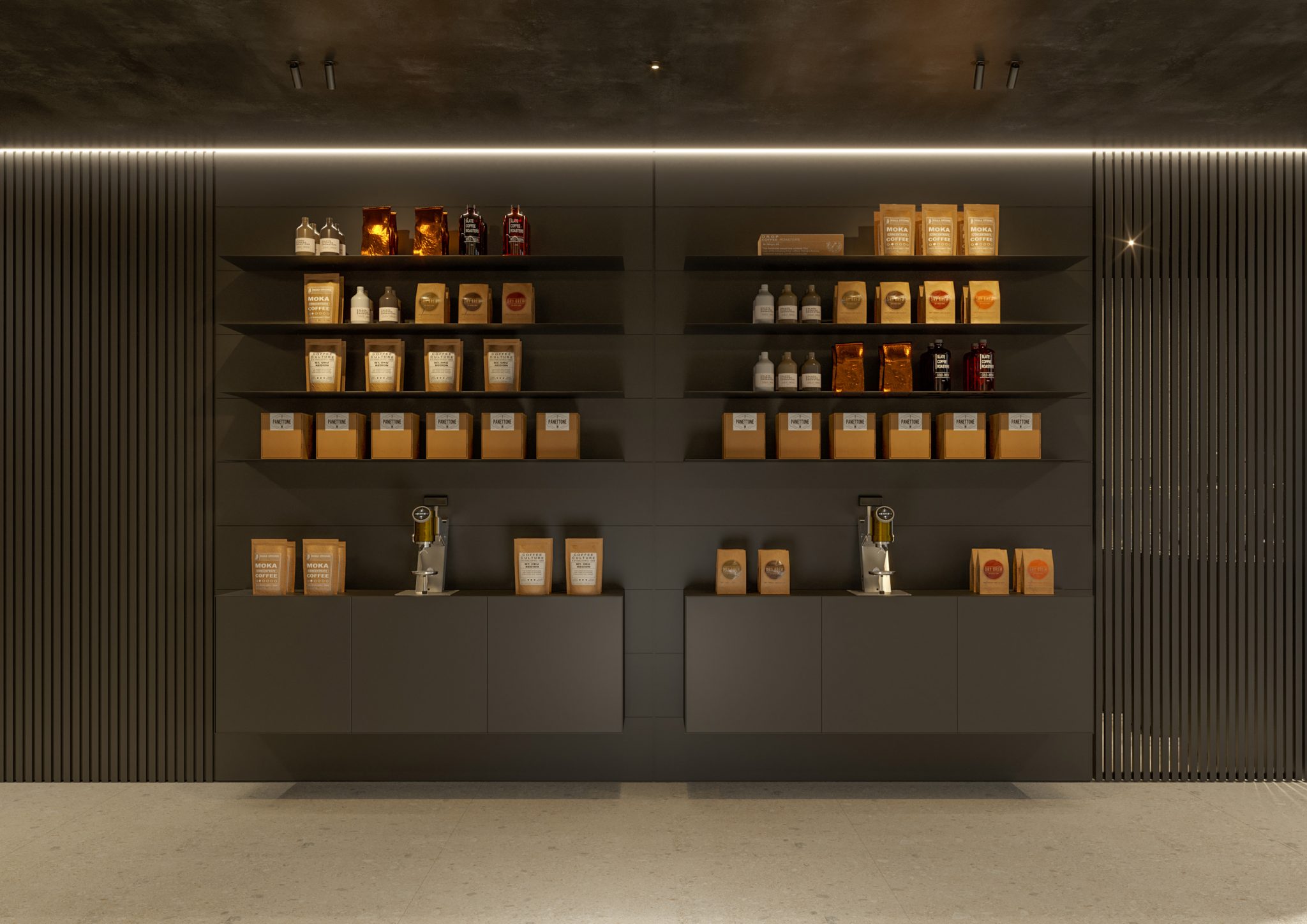 Benin Coffee World, vista frontale su espositore macchine e prodotti