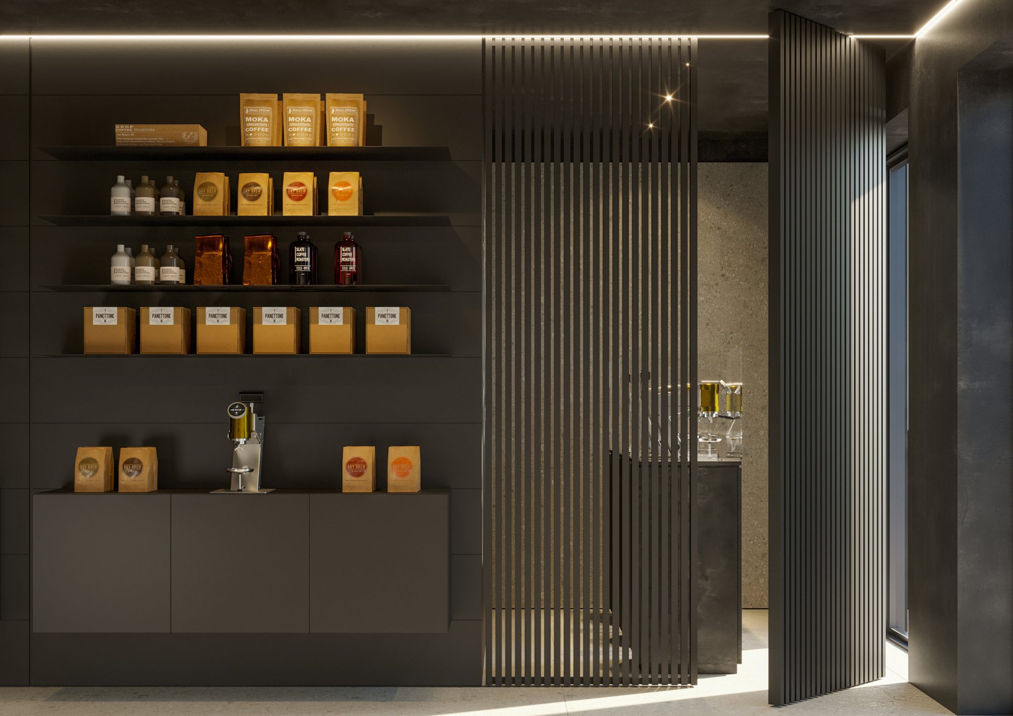 Benin Coffee World, vista su espositore e porta pivot su vetrina
