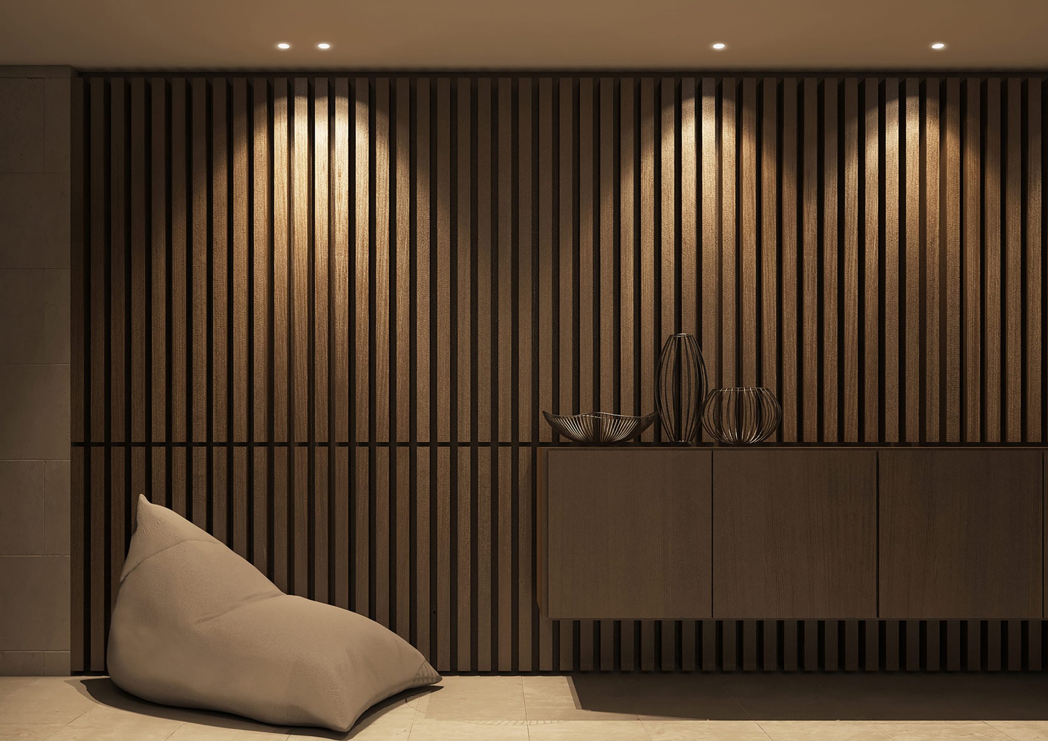 C&C Maison Spa, parete con boiserie e arredo sospeso in rovere scuro