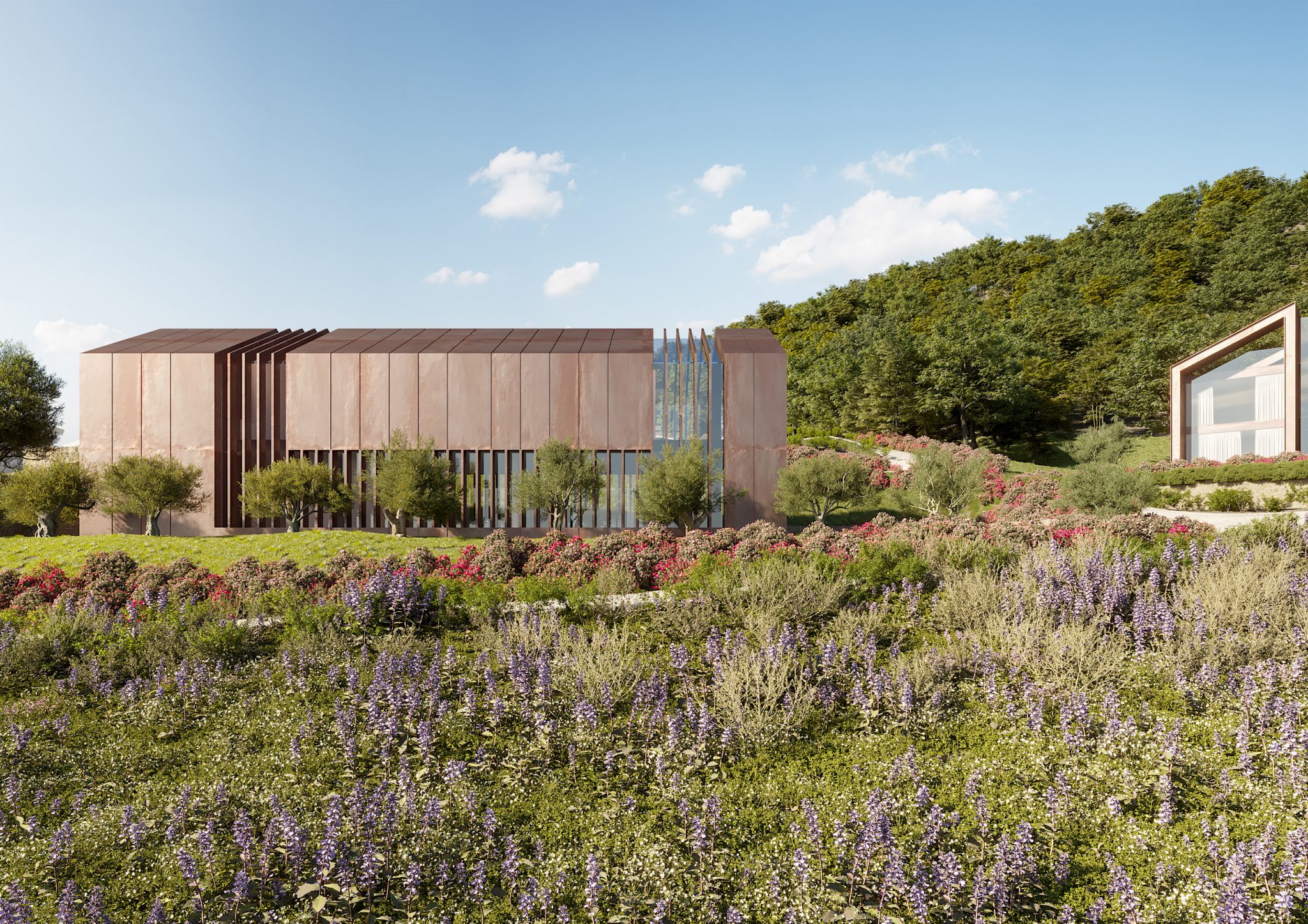 Fonte alla Lepre Resort, vista su edificio servizi in corten e vetro