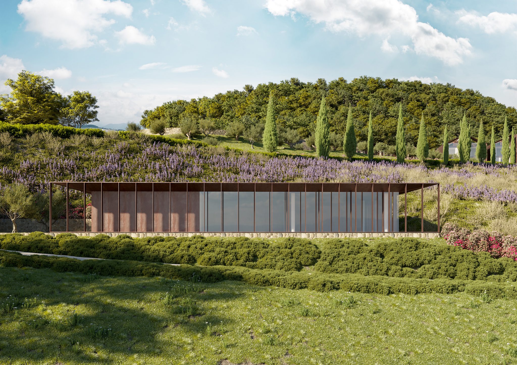 Fonte alla Lepre Resort, vista su edificio servizi in corten e vetro