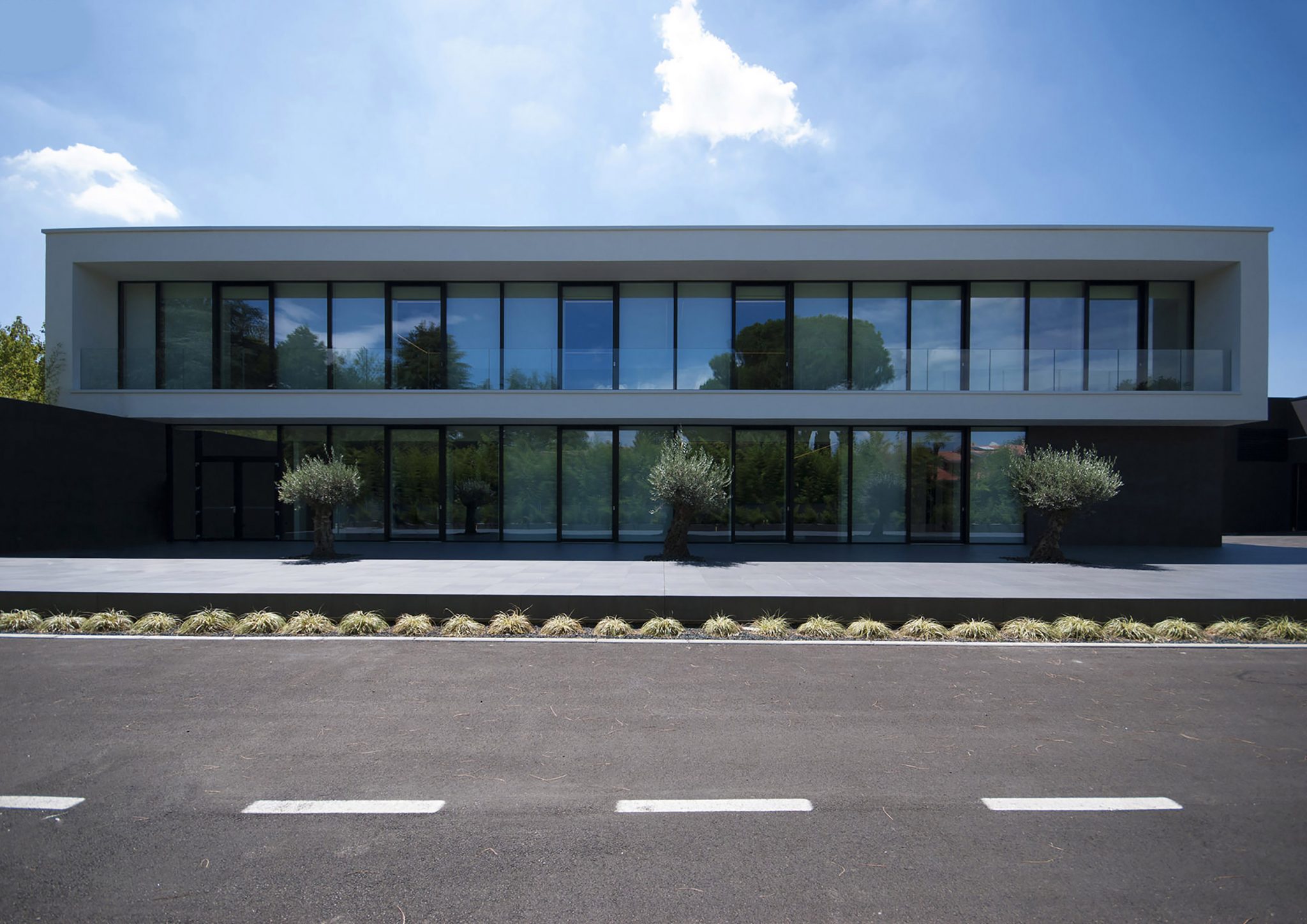 Grafiche Valpolicella, vista frontale dell'edificio con grandi vetrate e ulivi su spazio esterno