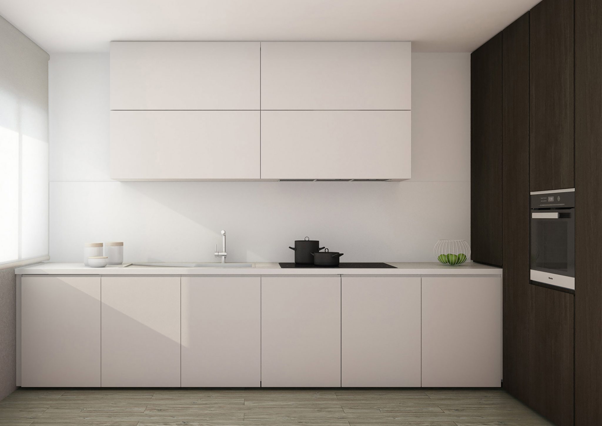 House CM, cucina con finiture laccato bianco e noce