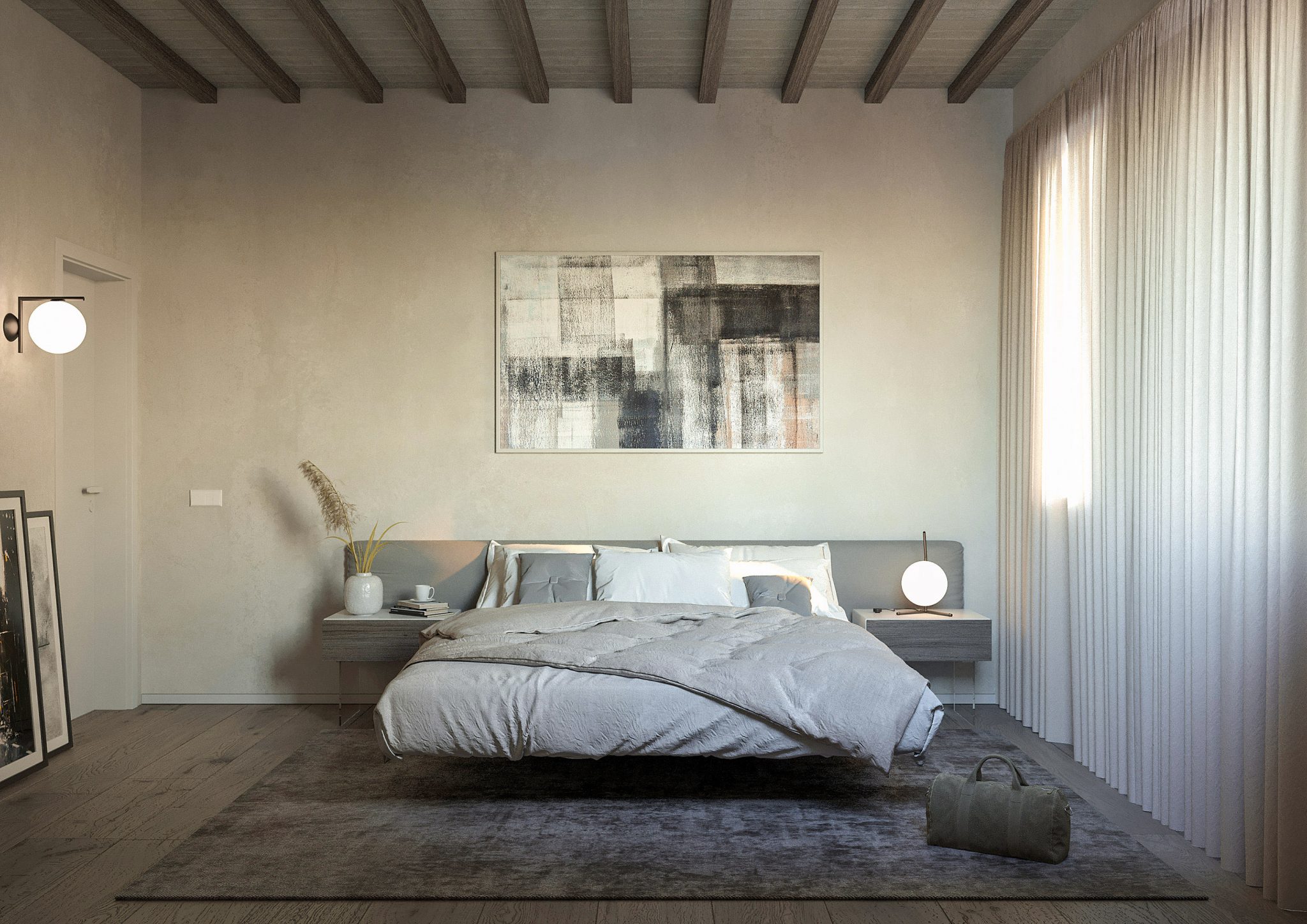 House GMB, vista frontale su letto lago con testata imbottita