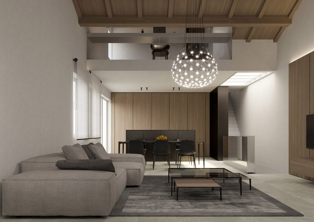 House P, vista su openspace soggiorno cucina con finiture rovere e metallo brunito