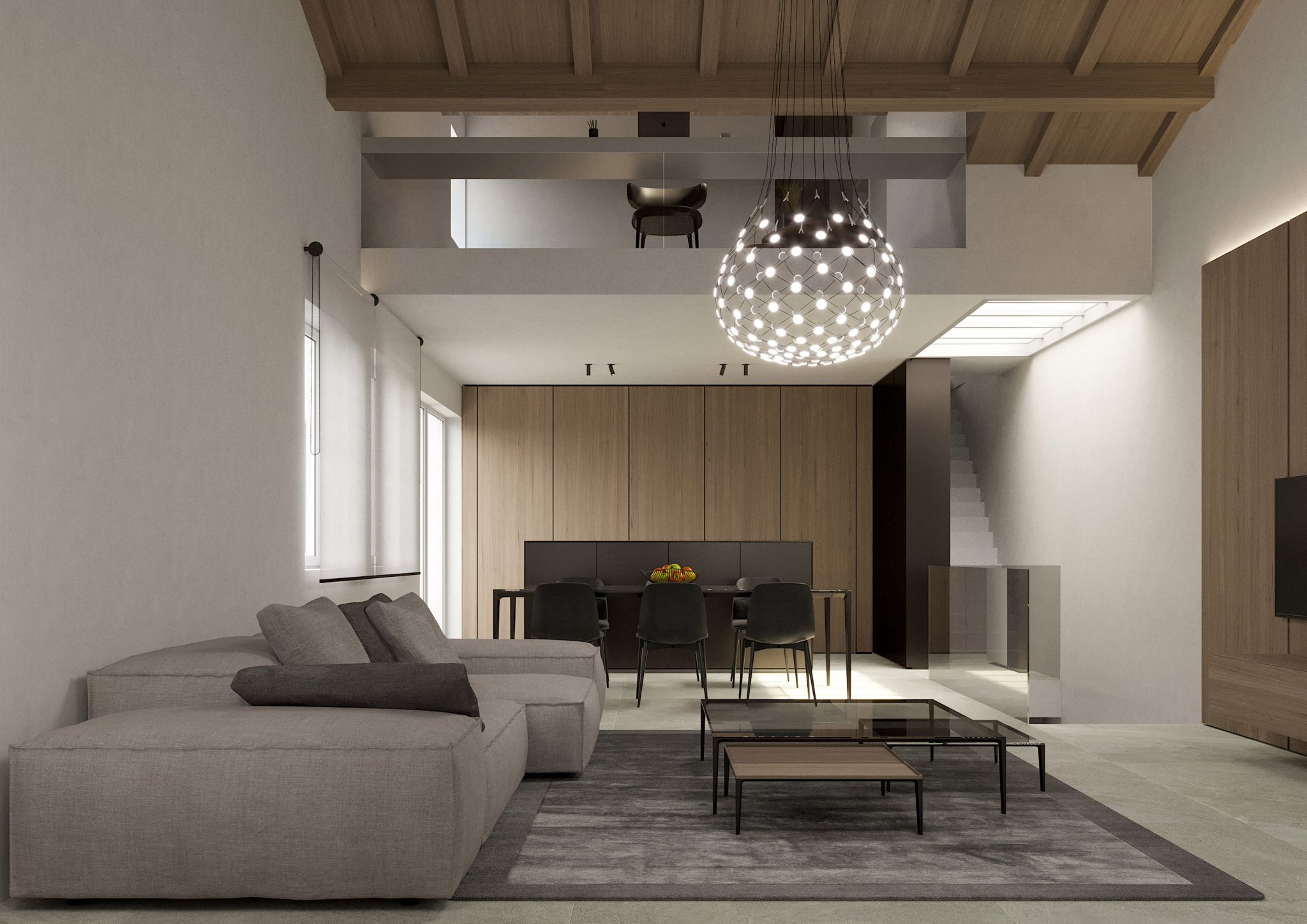 House P, vista su openspace soggiorno cucina con finiture rovere e metallo brunito