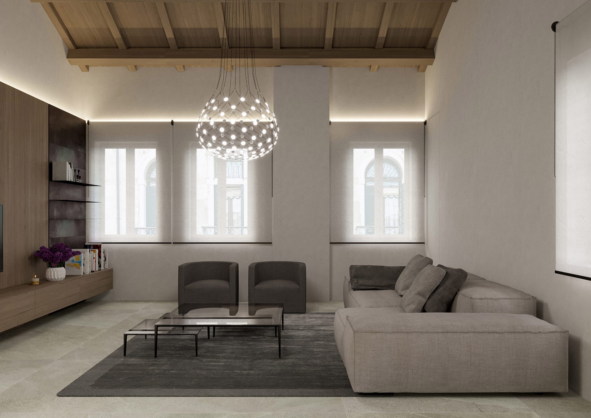 House P, vista laterale su soggiorno con parete attrezzata in rovere e mensole in metallo brunito