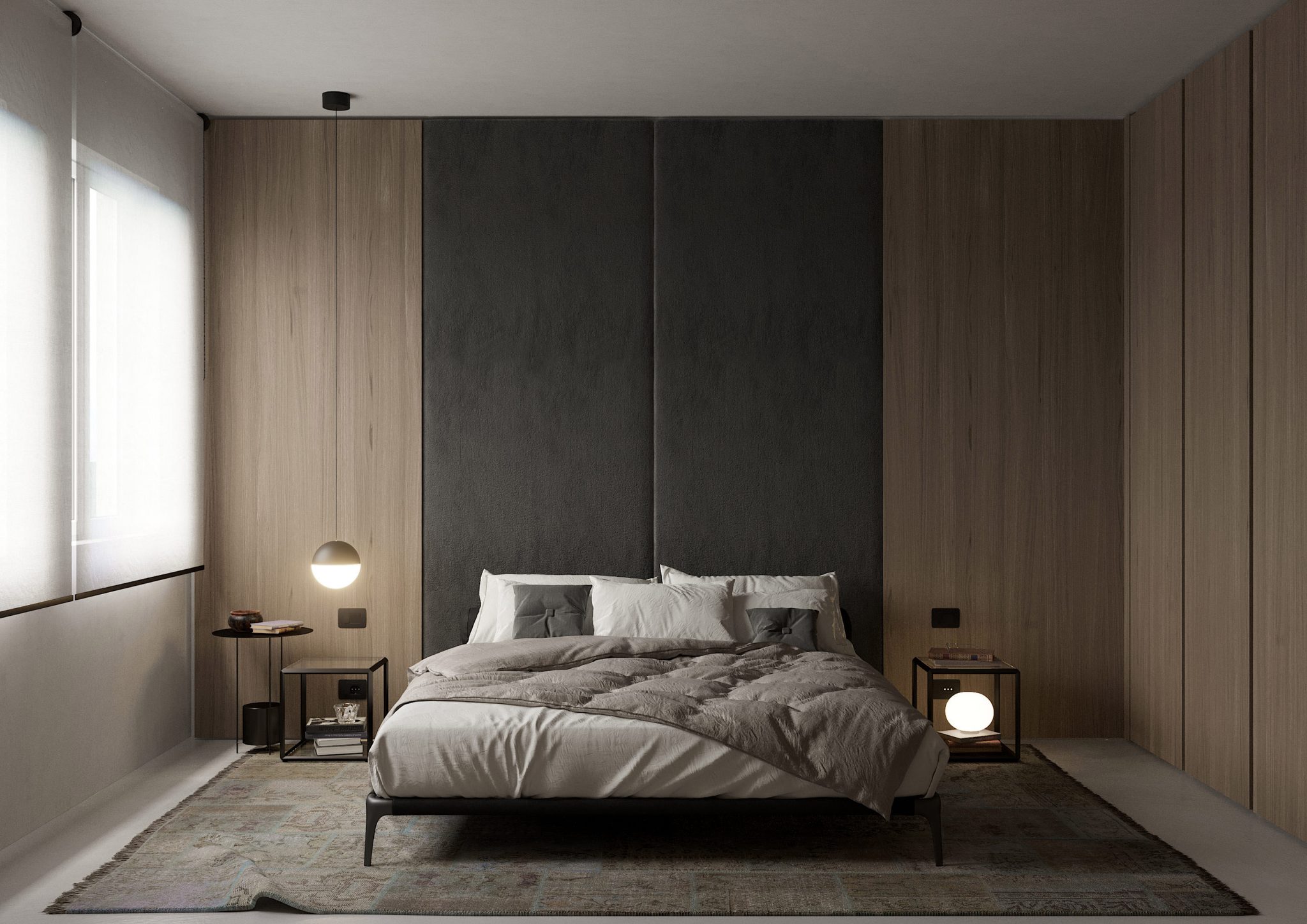 House P, vista frontale camera da letto con testata in velluto e boiserie in rovere
