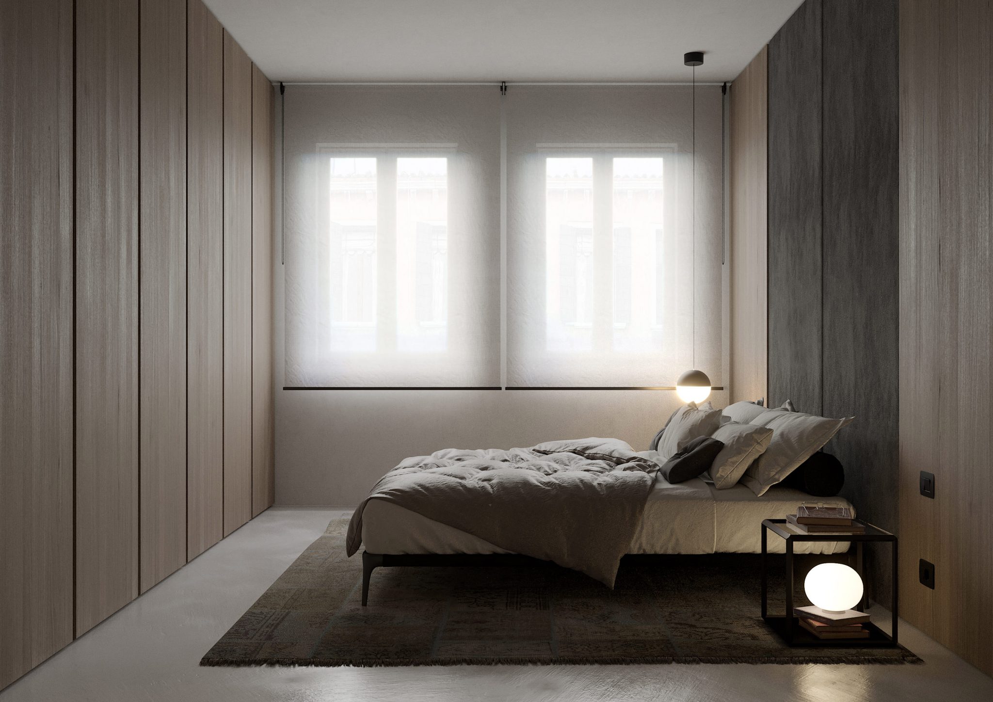 House P, vista laterale camera da letto con testata in velluto e boiserie in rovere