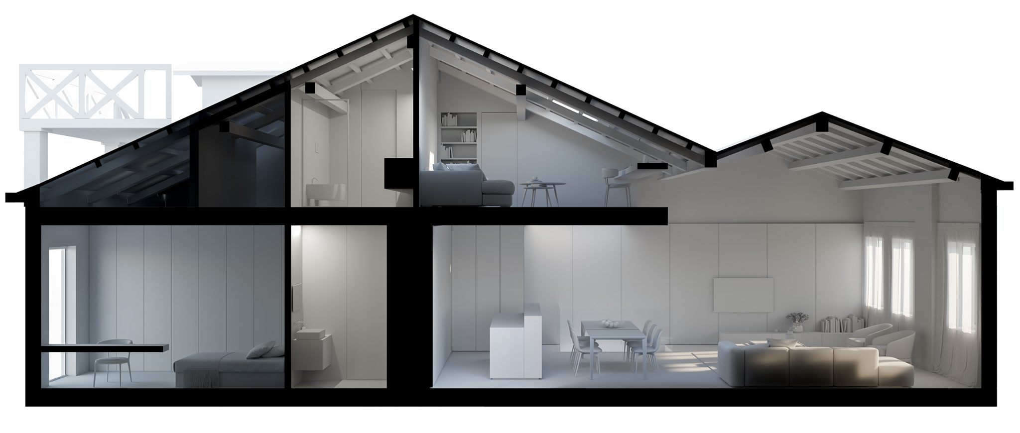 House P, sezione trasversale che svela la distribuzione degli spazi