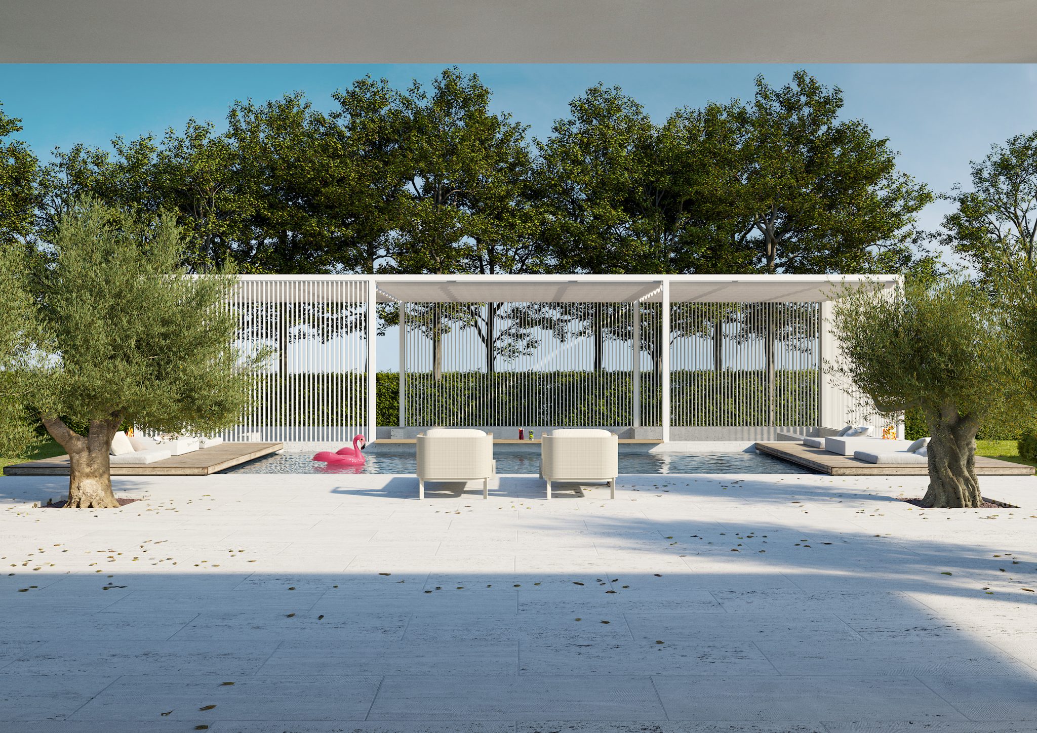 House T, House T, vista frontale su piscina con gazebo, bar e cucina