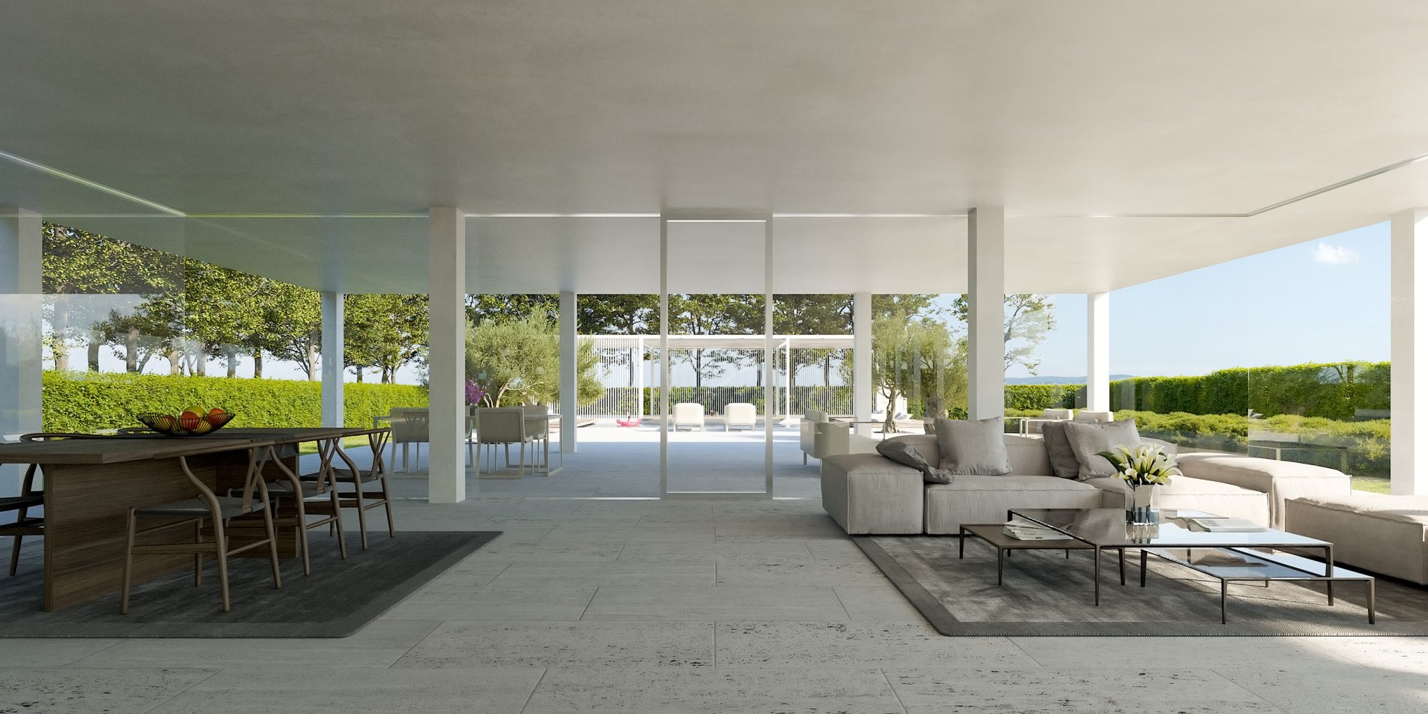 House T, vista interna su soggiorno openspace con pareti completamente trasparenti