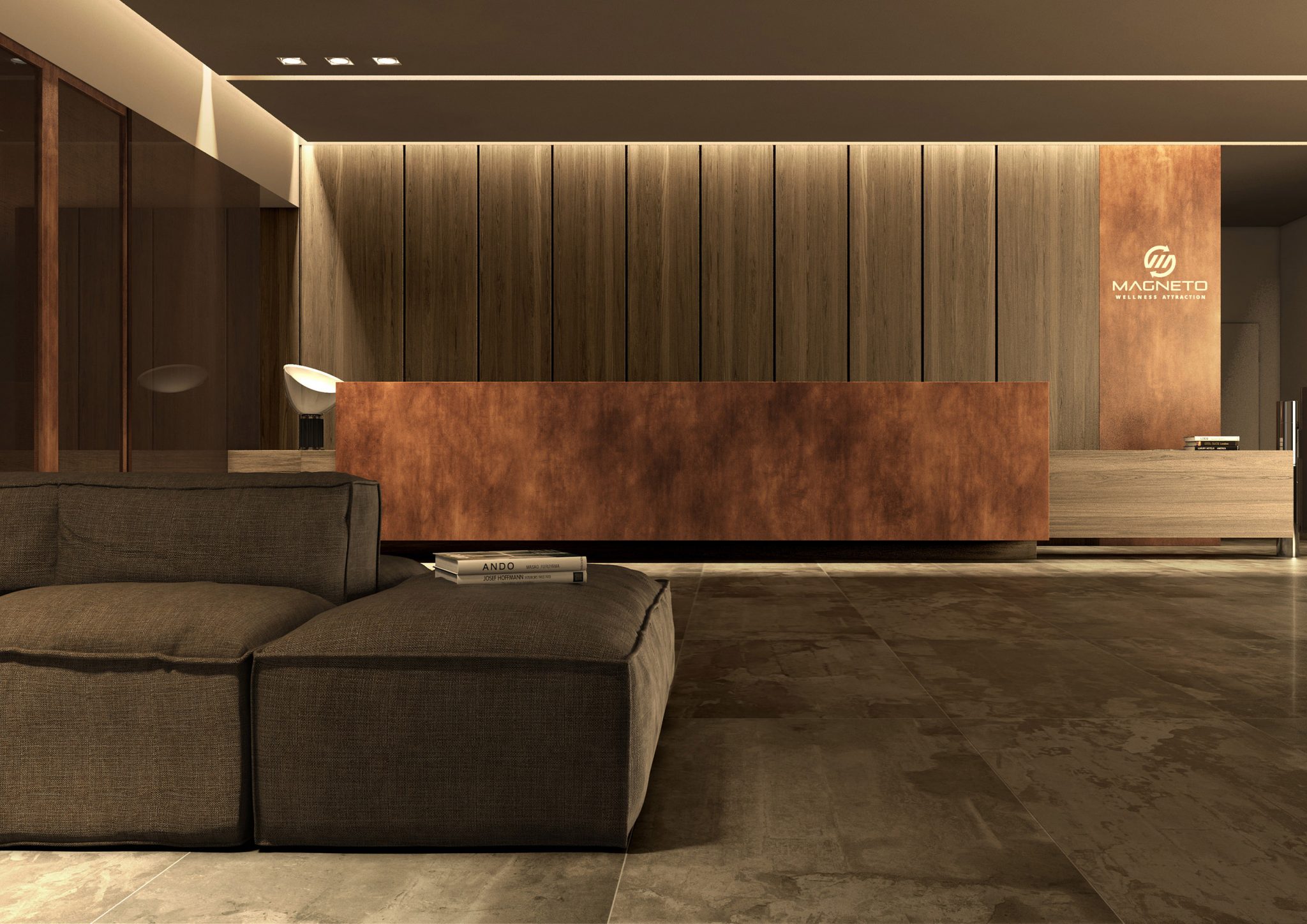 Magneto Fitness Club, reception con desk in corten e rovere