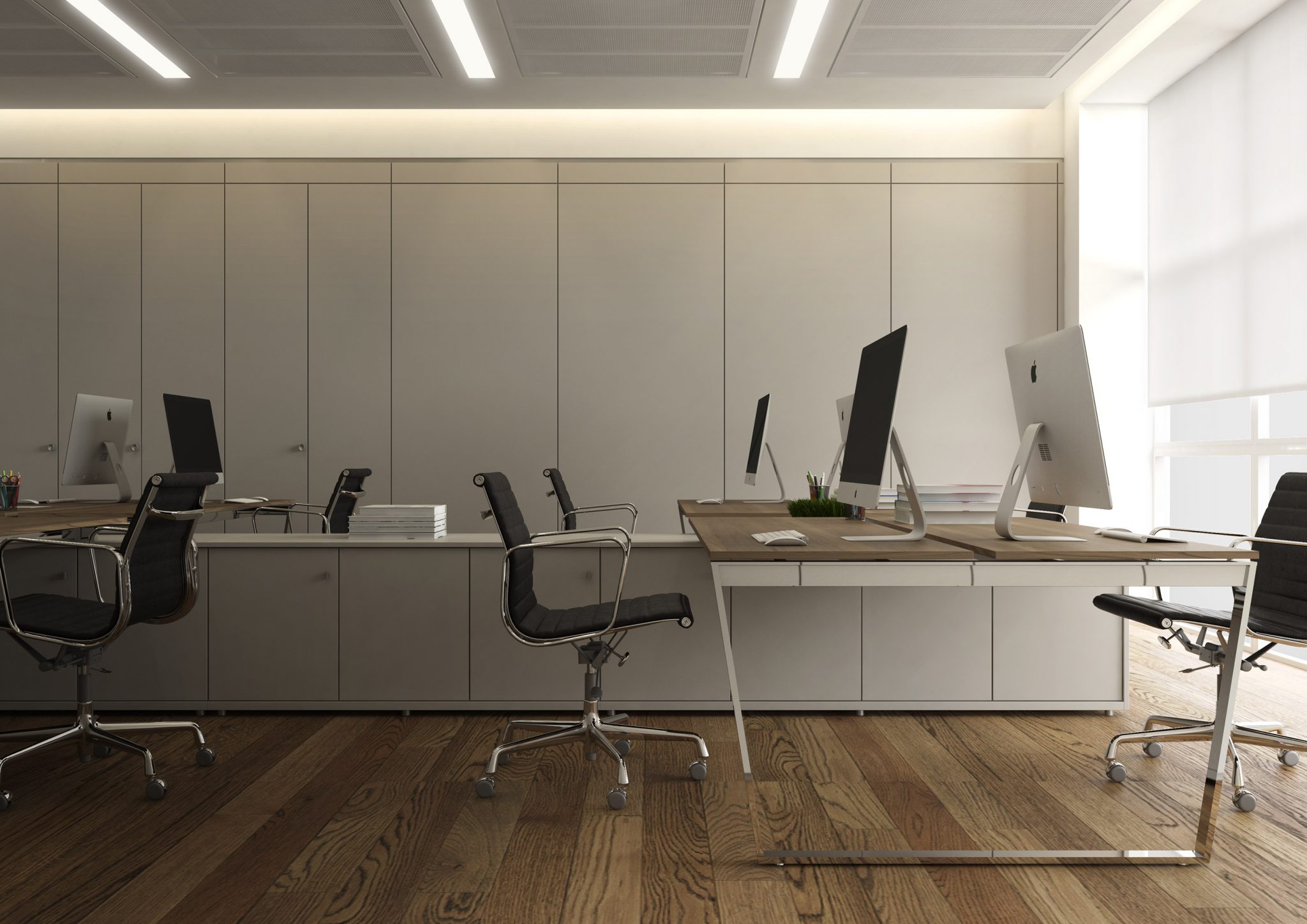 Sarong, vista laterale ufficio con pavimento e top scrivania in rovere