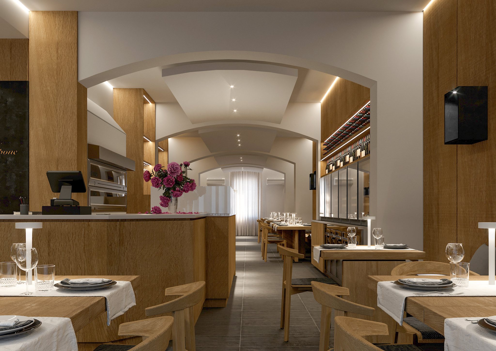 Trattoria Pizzeria Del Buontempone, vista sala laterale con espositori vini e forno
