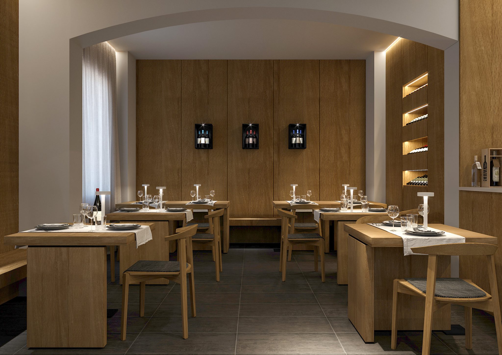 Trattoria Pizzeria Del Buontempone, vista sala laterale sala, con pareti rivestite in frassino ed espositori vini incassati
