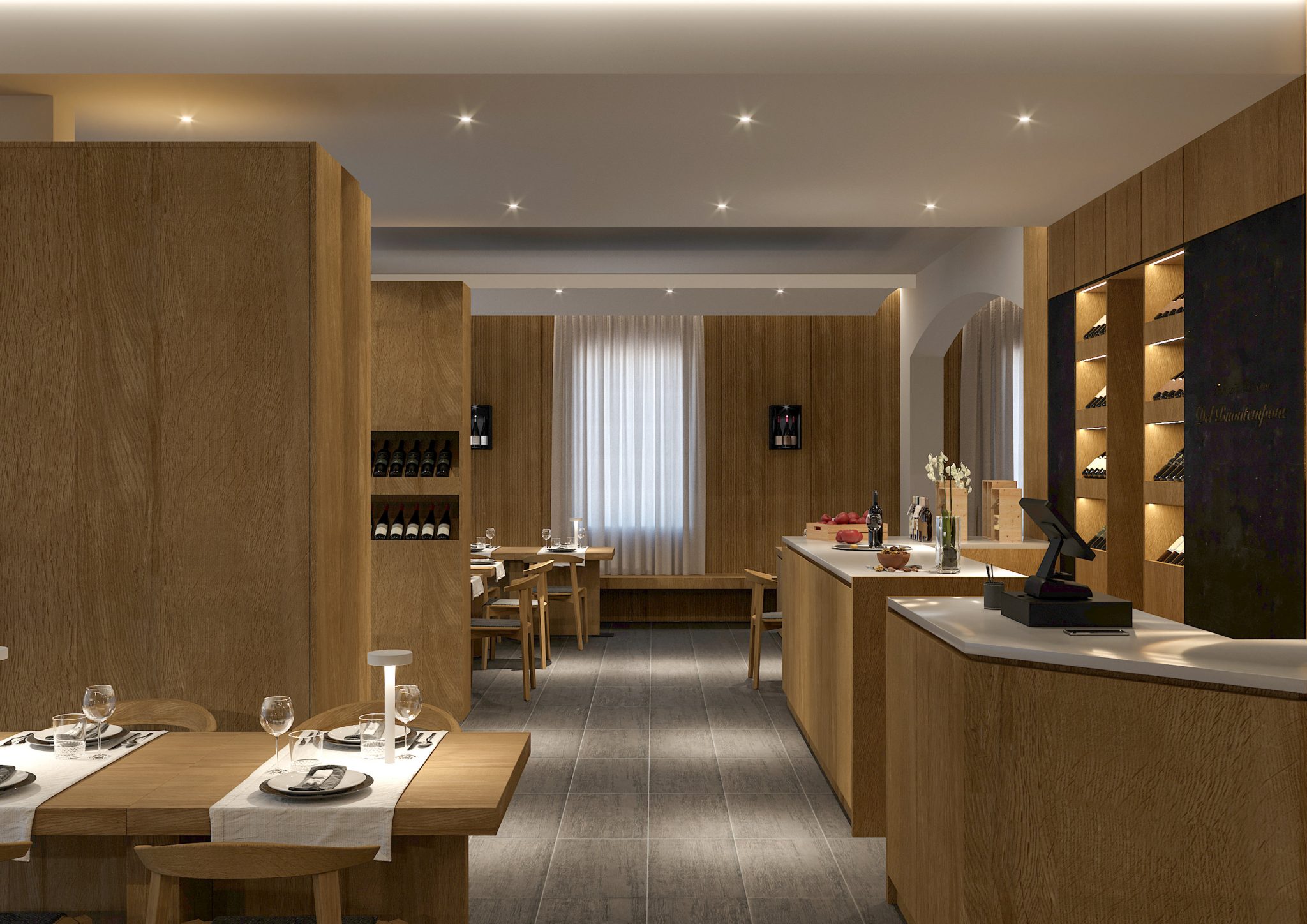Trattoria Pizzeria Del Buontempone, vista su desk ingresso con pareti divisorie in legno