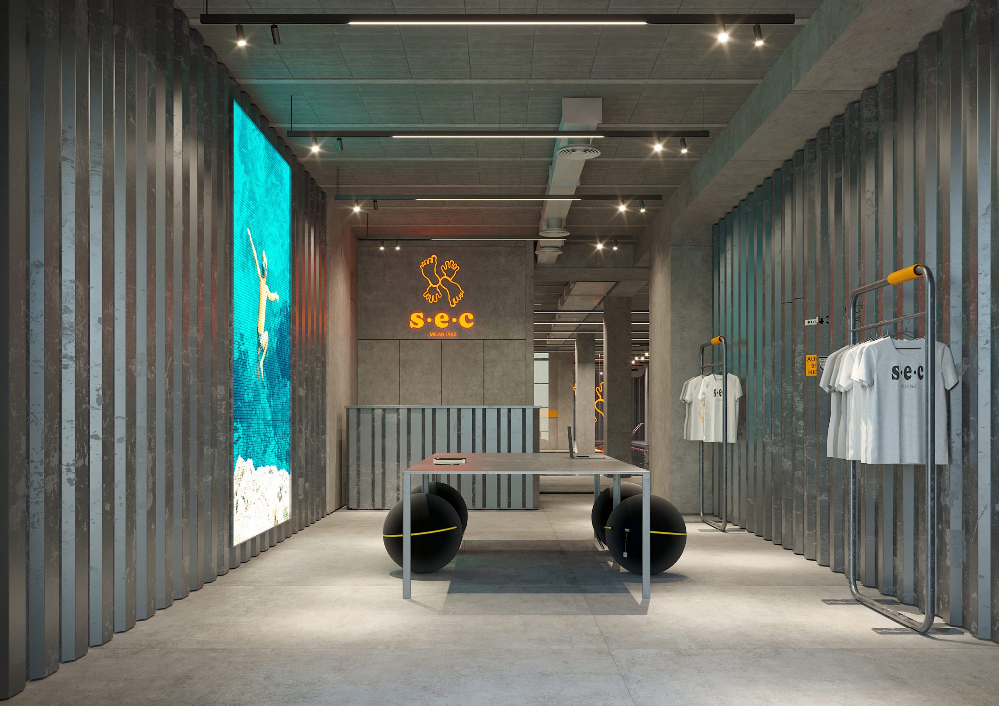 Séc Sport & Health Club, reception industrial con rivestimento di lamiera ledwall