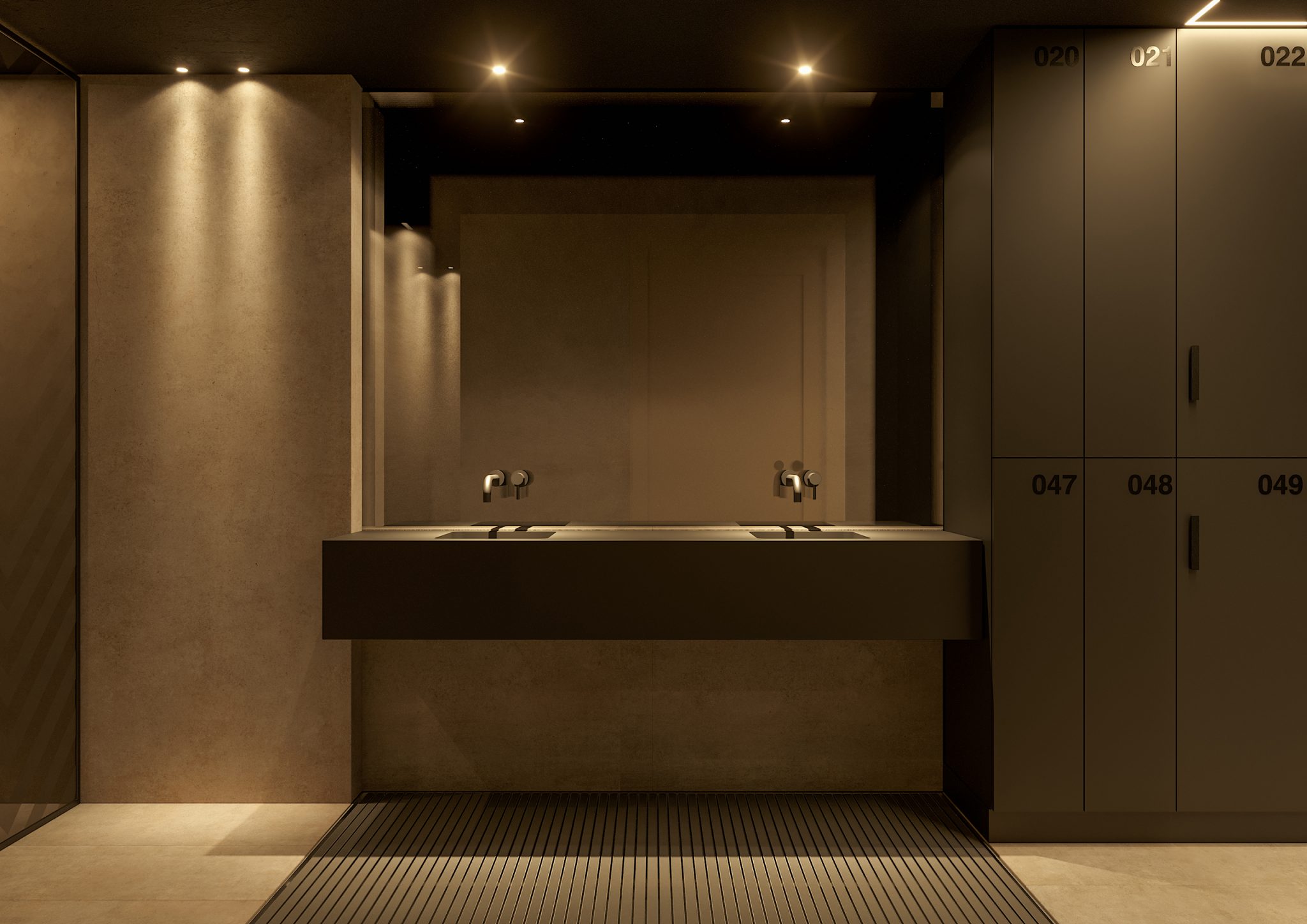 The Lift Gym, vista su mobile lavabo e specchi a tutta altezza