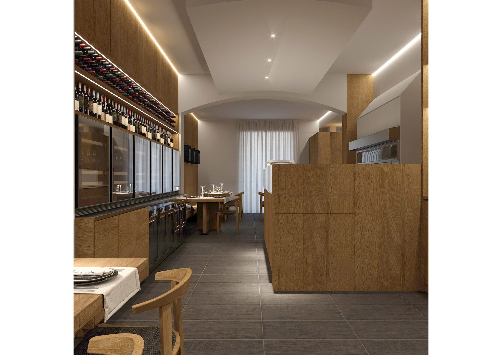 Trattoria Pizzeria Del Buontempone, area pizzeria con parete per esposizione vini
