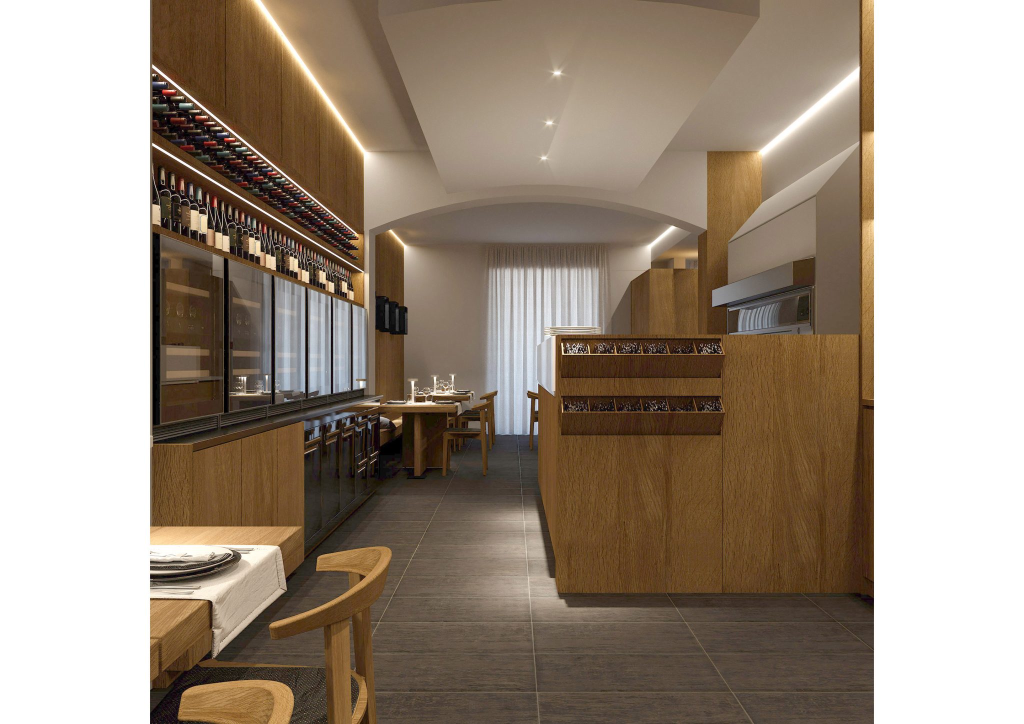 Trattoria Pizzeria Del Buontempone, area pizzeria con parete per esposizione vini